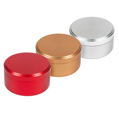 Low aluminum cans in red, brown and silver, closed with a screw cap. Three cans on a white background