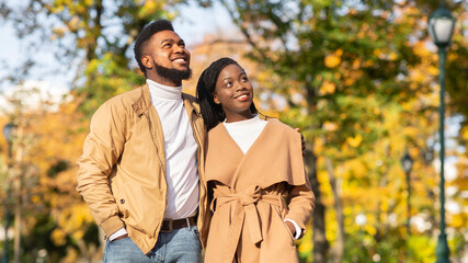 Portrait of romantic black couple having a walk in autumn park