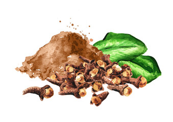 Dried Cloves heap clove powder. Hand drawn watercolor illustration, isolated on white background