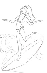 a woman kite surfing. Girl windsurfing on water surface with air kite with tropical sea summer landscape. A flat cartoon illustration