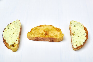 Ciabatta with cream cheese on white background. Toasted sandwich toast.