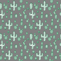 Seamless pattern of green and white cacti and succulents . Cute Doodle style hand-drawn plants on a dark background. Vector illustration