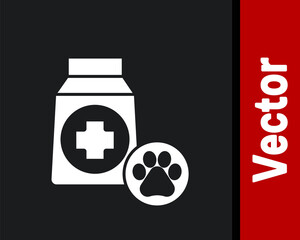 White Bag of food for dog icon isolated on black background. Dog or cat paw print. Food for animals. Pet food package. Vector.
