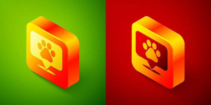 Isometric Map pointer with veterinary medicine hospital, clinic or pet shop for animals icon isolated on green and red background. Vet or veterinarian clinic. Square button. Vector.