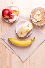 a portion of morning granola porridge served on rustic wooden surface