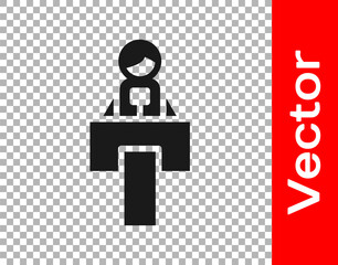 Black Stage stand or debate podium rostrum icon isolated on transparent background. Conference speech tribune. Vector.