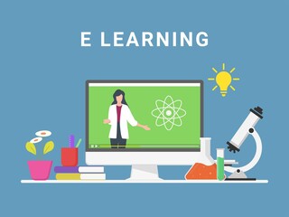 e-learning and online education concept, distance learning, professor connecting online science lesson via video call on computer, flat vector illustration