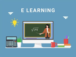 e-learning and online education concept, distance mathematics learning on computer, flat vector illustration