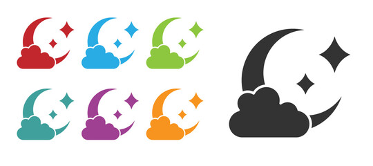 Black Cloud with moon icon isolated on white background. Cloudy night sign. Sleep dreams symbol. Night or bed time sign. Set icons colorful. Vector.