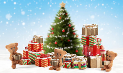 concept of christmas presents with cute teddy bears and pile of Christmas gifts 3d-illustration