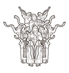 Group of Jewish blowing the shofar horn cartoon graphic vector.