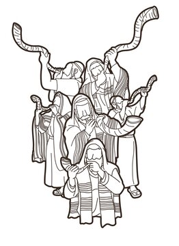 Group of Jewish blowing the shofar horn cartoon graphic vector.