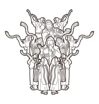 people blowing shofar horns outline clip art preview