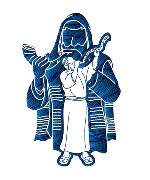 man blowing shofar, blue graphic clip art preview