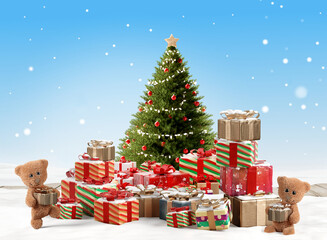 concept of christmas presents with cute teddy bears and pile of Christmas gifts 3d-illustration