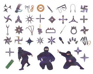 Ninja props illustration set material / analog style