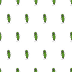 Fototapeta na wymiar Sad cucumber seamless pattern. The green cucumber is sad. Good for backgrounds, postcards, and brown paper. Vector.