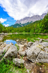 Frillensee Lake with Zugspitze mountain. Beautiful landscape scenery at Eibsee Lake in German Alps, Bavaria, Germany, Europe.