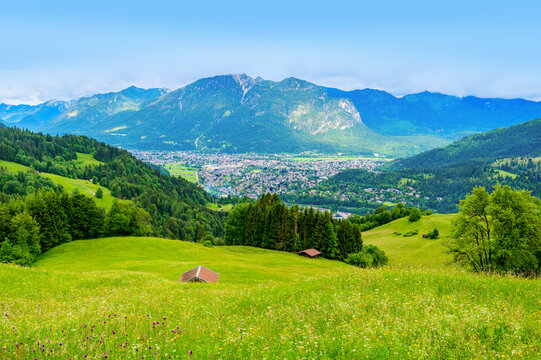 View from the top of Mountain Eckbauer to alps in the region of Garmisch-Partenkirchen, close to Zugspitze - Beautiful landscape scenery in Bavaria, Germany - Europe