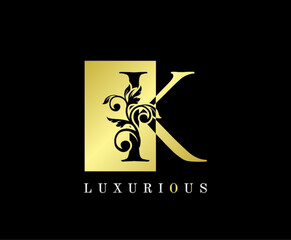 Golden K Letter Logo Design. Gold K Letter With Negative Space and Classy Leaves Shape design perfect for fashion, Jewelry, Cosmetics, Hotel and Restaurant Logo.