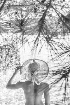 Rear view of topless beautiful woman wearing nothing but straw sun hat realaxing on wild coast of Adriatic sea on beach in shade of pine tree. Relaxed healthy lifestyle concept. Black and white image.