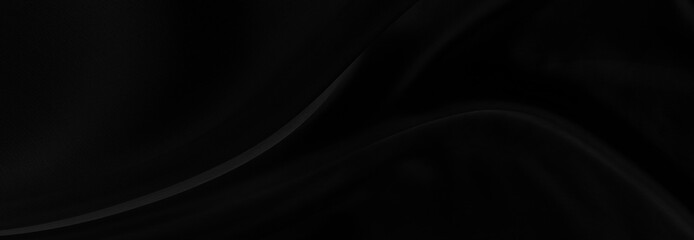 Black gray satin dark fabric texture luxurious shiny that is abstract silk cloth panorama background with patterns soft waves blur beautiful.