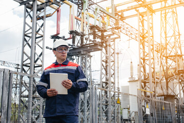 The energy engineer inspects the equipment of the substation. Power engineering. Industry