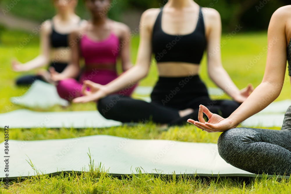 Wall mural Closeup view of young women practicing yoga or meditation at park, blank space