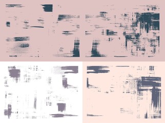 Rough paint strokes on canvas. Vector set of four paintings. Abstract grungy backgrounds, light hand drawn monochrome pattern, irregular cross hatching
