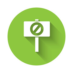 White Protest icon isolated with long shadow. Meeting, protester, picket, speech, banner, protest placard, petition, leader, leaflet Green circle button Vector illustration