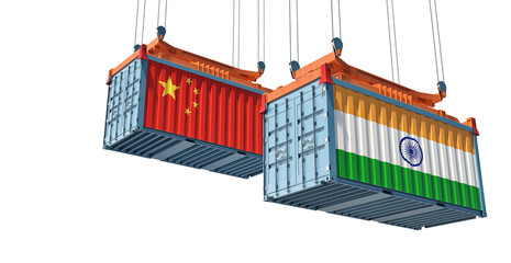 Freight containers with India and China flag. 3D Rendering 