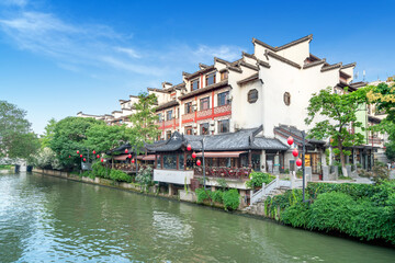 Fototapeta na wymiar Nanjing Confucius Temple scenic region and Qinhuai River. People are visiting. Located in Nanjing City, Jiangsu Province, China.