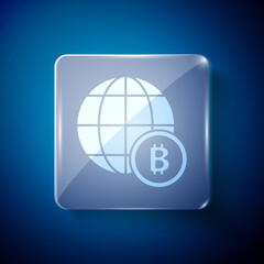 White Globe and cryptocurrency coin Bitcoin icon isolated on blue background. Physical bit coin. Blockchain based secure crypto currency. Square glass panels. Vector.
