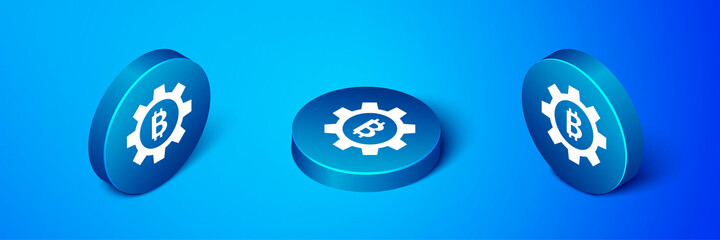 Isometric Cryptocurrency coin Bitcoin icon isolated on blue background. Gear and Bitcoin setting. Blockchain based secure crypto currency. Blue circle button. Vector.