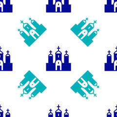 Blue Church building icon isolated seamless pattern on white background. Christian Church. Religion of church. Vector.