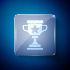 White Award cup icon isolated on blue background. Winner trophy symbol. Championship or competition trophy. Sports achievement sign. Square glass panels. Vector.