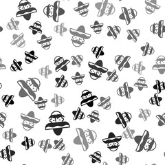 Black Mexican man wearing sombrero icon isolated seamless pattern on white background. Hispanic man with a mustache. Vector.