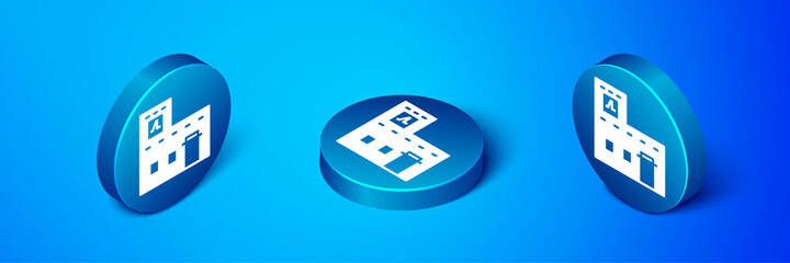 Isometric Traditional Mexican house icon isolated on blue background. Blue circle button. Vector.