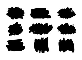 Hand drawn vector ink brush strokes, black paint spot set. Dirty paint smears artistic backgrounds. Grunge texture scribbles design element isolated on white. Stains shapes and silhouettes
