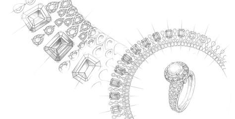 Jewellery. Pencil drawing of a necklace and a ring with precious stones on a white background. Isolated sketch. White background with hand painted diamond rings. Texture background for advertising - 369437976