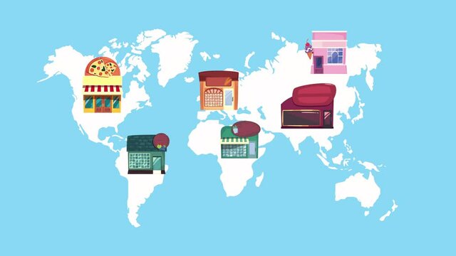store buildings fronts facades in world map animation