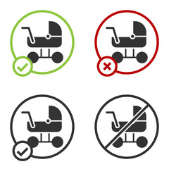Black Baby stroller icon isolated on white background. Baby carriage, buggy, pram, stroller, wheel. Circle button. Vector.