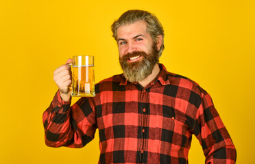 Happy birthday concept. Make sip. Celebrate with alcohol. Adding joy in life. Mature bearded man hold beer glass. Leisure and celebration. Man drinking beer in pub. Beer brewery. Hipster drink beer