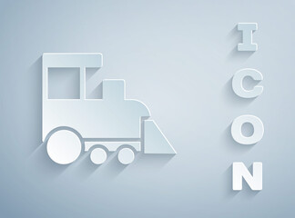 Paper cut Toy train icon isolated on grey background. Paper art style. Vector.