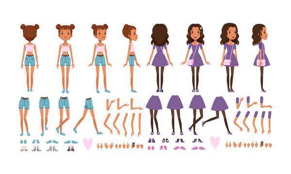 Teenage Girl Creation Set, Cute Girls with Various Views, Poses and Gestures Cartoon Style Vector Illustration