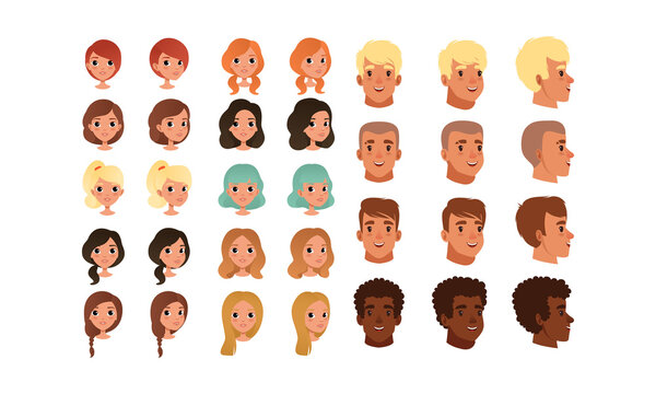 Cute Teenage Boys and Girls Heads Various Views and Haircuts Collection, Teen Children Creation Constructor Cartoon Style Vector Illustration