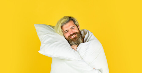Fall asleep on go. Man handsome guy with pillow and duvet. Enough amount sleep. Tips sleeping...