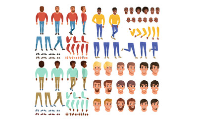 Male Characters Creation Set, Guy Constructor with Various Views, Face Emotions, Poses Cartoon Style Vector Illustration