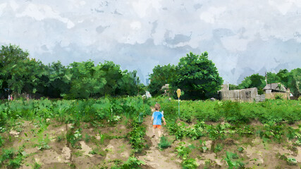 A small child in a blue t-shirt and red shorts walking along an earthen path between the growing greenery of a vegetable garden located in a village, rural area, executed in watercolor.