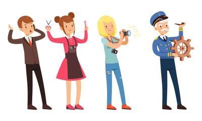 Fototapeta premium Children of Various Professions Set, Businessman, Captain, Photographer, Hairdresser Characters Cartoon Style Vector Illustration